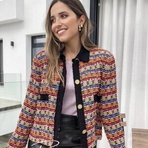 Zara Blogger Limited Edition Textured Tweed Multi Color Blazer Jacket.